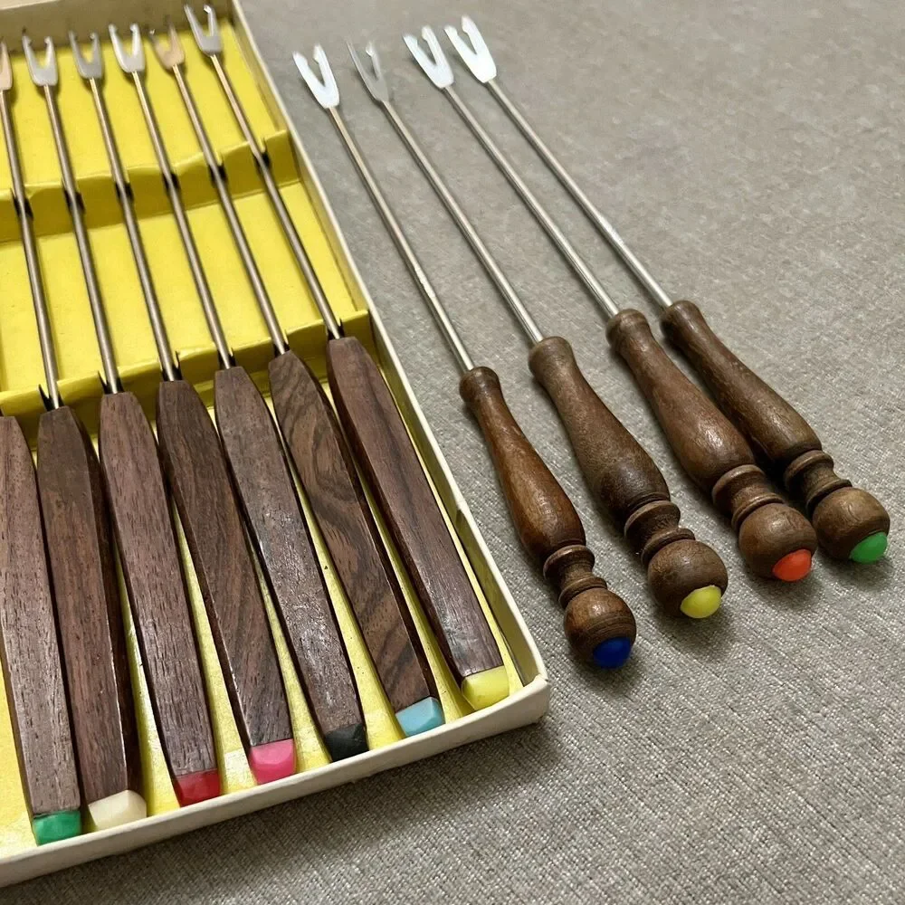 VTG MCM Teak Handle Stainless Fondue Forks Original Box 11 Pcs Made In Japan EXC